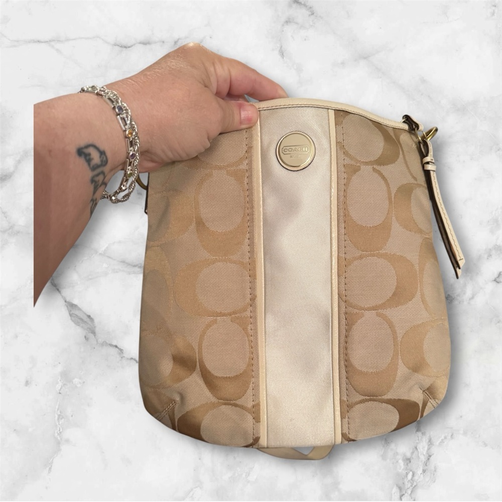 Coach Cream Signature Shoulder Bag with Metallic Accents